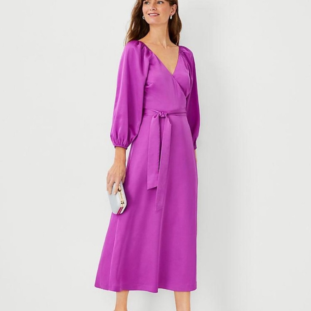 Ann Taylor NWT Purple Satin Midi Wrap Dress - Size 0P